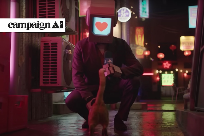 A still from the latest Sony PlayStation ad featuring a duck and a man leaning down with a tv on his head
