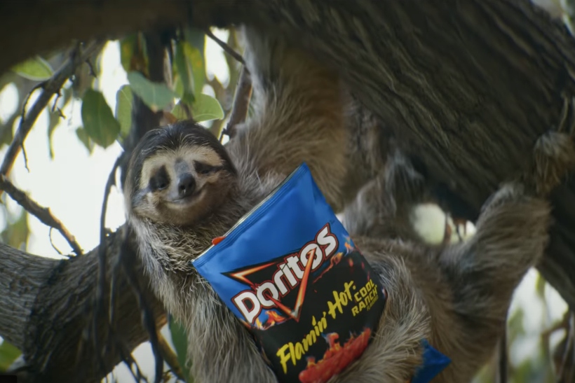 A sloth holding a bag of  Flamin' Hot Doritos in Frito-Lay’s 2022 Super Bowl ad.