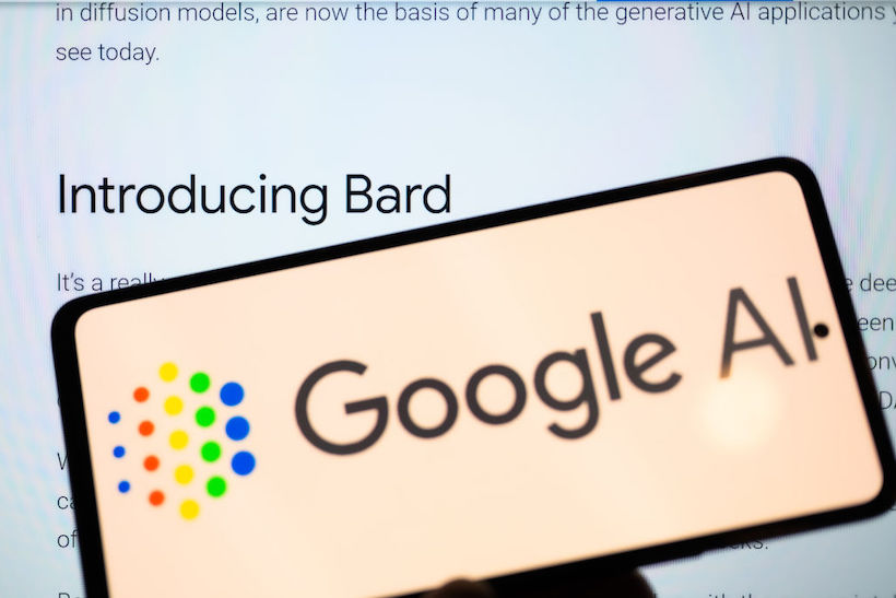 Google Bard seen on Google blog post with Google logo on mobile.