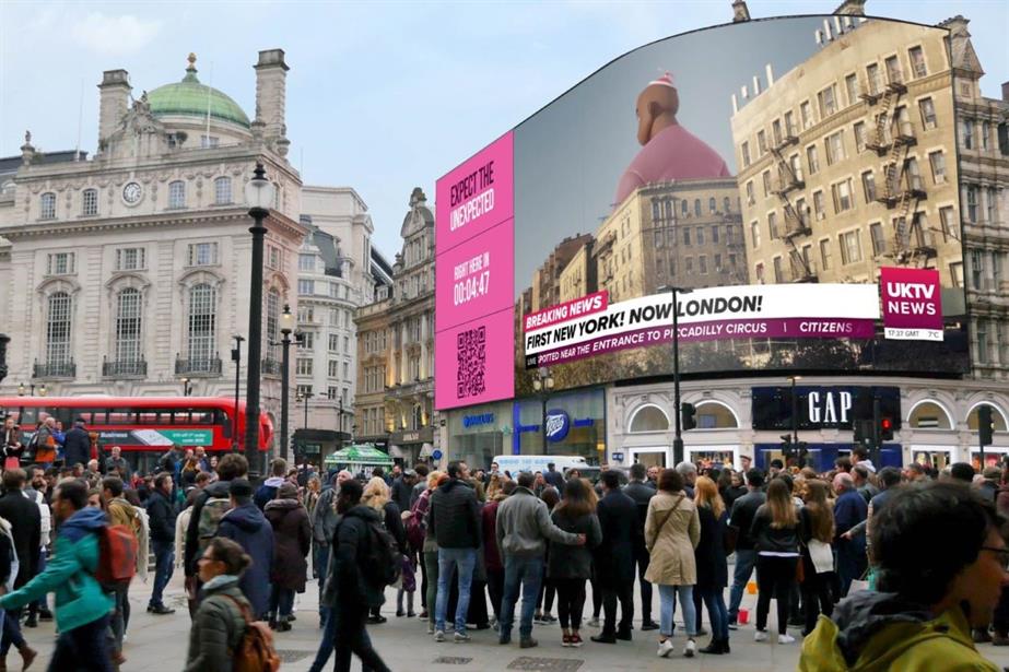 A view of the Piccadilly Lights screen showing a mock-up of the Ocean Outdoor Gorillaz newsflash