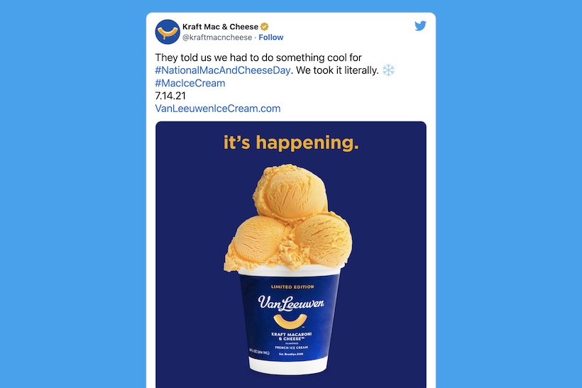 Screen shot of Kraft Mac & Cheese ice cream tweet