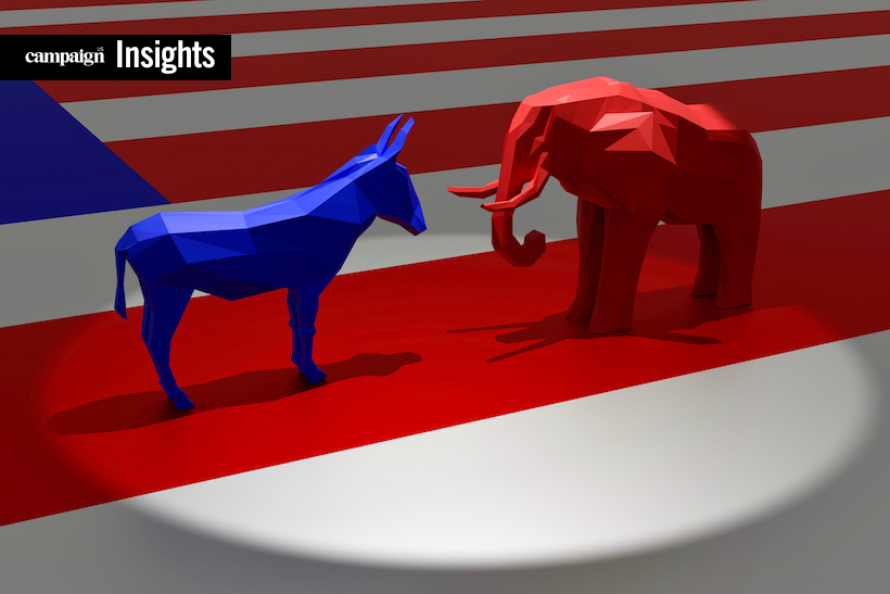 CGI render of blue donkey and red elephant symbolizing US democrats and republicans